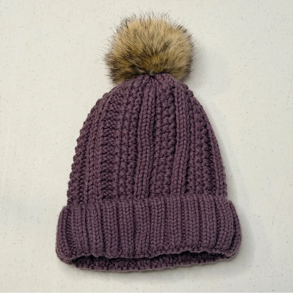C.C Kids Dark Purple Knit Beanie with Pom-Pom